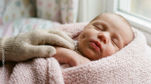 Sweet Newborn Baby Sleeping Peacefully Wrapped in Soft Pink Blanket with Tiny Dimples