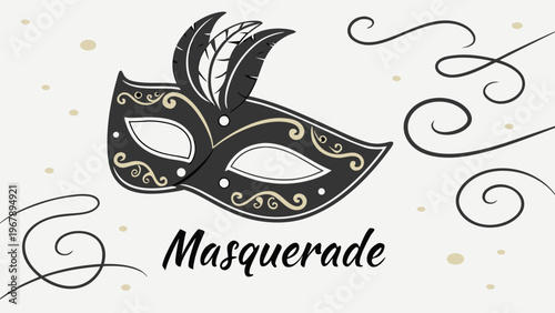 Decorative masquerade mask with swirls and elegant typography. Luxury carnival illustration perfect for party invitations, Venice mask themes, and event branding design.