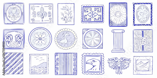 Collection of hand drawn ornamental frames and sketches in blue lines
