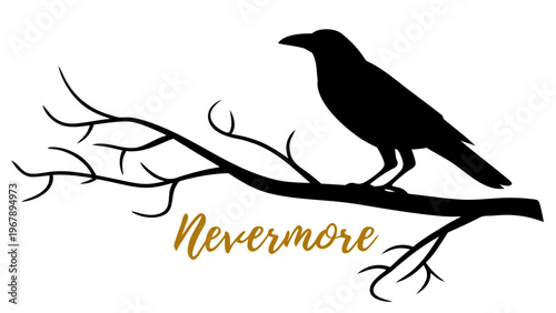 Black raven silhouette on branch with gothic typography and decorative lines. Dark vintage illustration perfect for Halloween, Edgar Allan Poe themes, and spooky branding design.