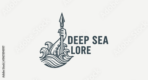 Deep Sea Lore Logo - Hand Holding Spear Emerging from Ocean Waves.