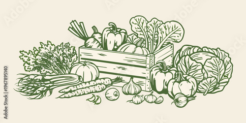 A bountiful harvest of fresh vegetables arranged in a wooden crate