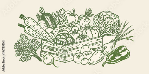 A vintage style illustration of a wooden crate overflowing with fresh produce