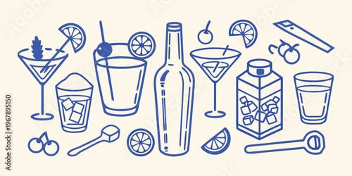 A collection of hand drawn cocktail glasses bottles and citrus garnishes