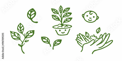 Hand drawn botanical illustrations with a happy face and clapping hands