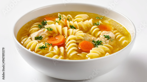 Pasta soup chicken soup noodle soup hot soup comfort food bowl carrot broth lunch dinner parsley garnish pasta soup white bowl with chicken carrot