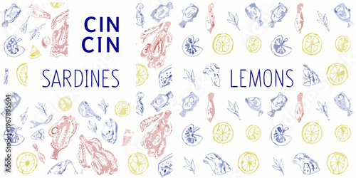 Sketch style pattern featuring sardines lemons and handwritten typography