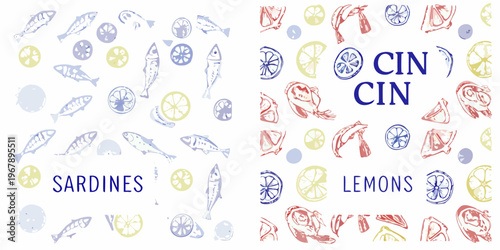 Stylized pattern of seafood including fish lemons and crustaceans