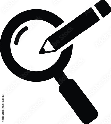 A black glyph depicts a magnifying glass positioned over a pencil symbolizing inspection editing and detailed review high quality professional modern elegant stylish