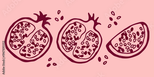 Hand drawn illustration of sliced pomegranates with scattered seeds on pink