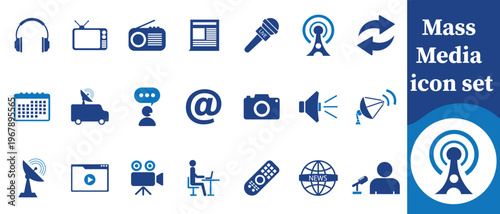 A collection of blue icons representing various forms of mass media communication technologies and broadcasting equipment high quality professional detailed modern elegant stylish