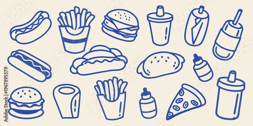 A collection of hand drawn fast food items including burgers hot dogs and fries