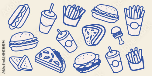 A colorful doodle illustration depicting various fast food items