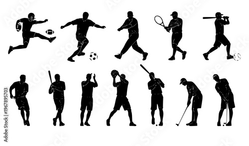 Sports player silhouettes set athletes in action football soccer basketball baseball tennis golf vector isolated on white background