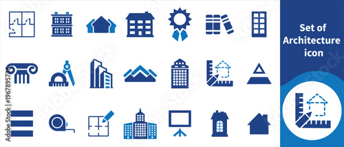 A collection of flat blue architectural icons depicting buildings tools and elements related to design and construction high quality professional detailed modern elegant