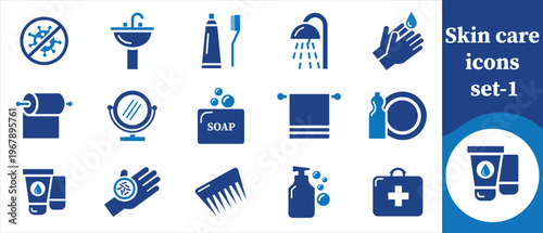 A collection of blue hygiene and skincare icons depicting various items related to cleanliness and personal care routines high quality professional detailed modern