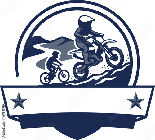Motocross Badge Logo with Kids Riding Bike – Off Road Adventure Emblem Vector Illustration