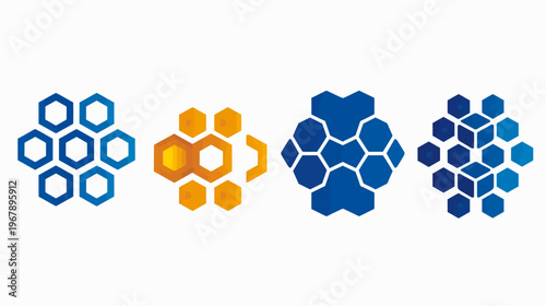 Four clusters of blue and yellow stylized, tessellating honeycomb patterns on white