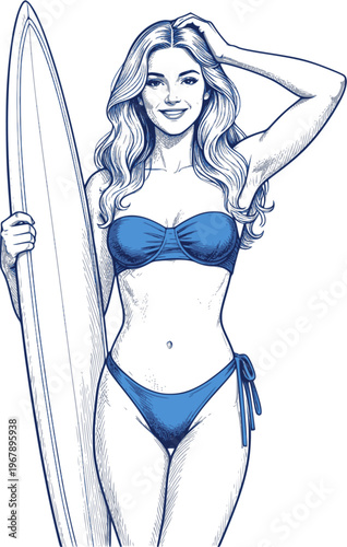 Surfer woman sketch. Surf beach girl with surfboard. Summer Mediterranean sea illustration. Vector surfer woman in swimwear holding surf board. Transparent background EPS version.