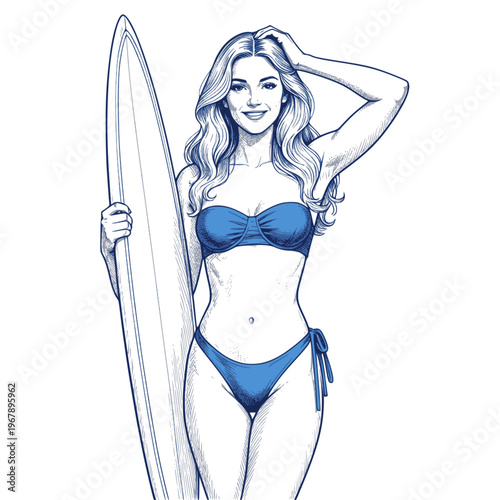Surfer woman sketch. Surf beach girl with surfboard. Summer Mediterranean sea illustration. Vector surfer woman in swimwear holding surf board. Transparent background SVG version.