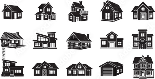 Collection of various house styles and designs in black and white