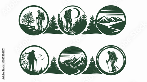 Dark green vector silhouettes in circles depicting hikers and natural landscapes