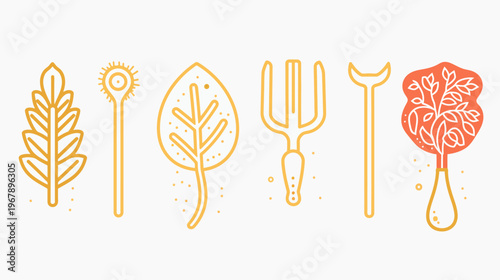 Linear icon set of botanical elements, tools, and a potted plant on a clean, white backdrop