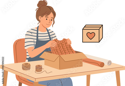 A woman wraps gifts at a table with a cardboard box nearby indoors.