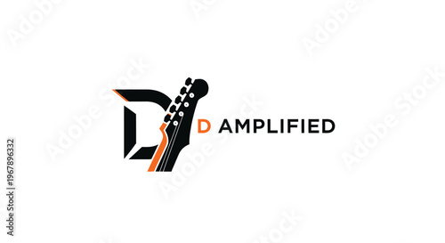 Dynamic logo design featuring a guitar headstock and the word amplified, perfect for music.