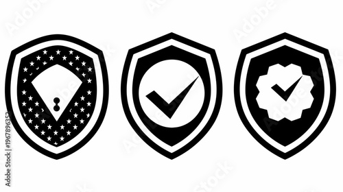 Three shield icons with baseball field, checkmark, and gear+checkmark symbols