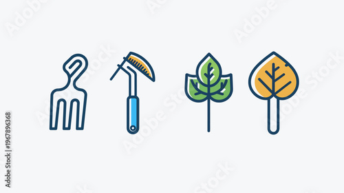 Isolated line drawings of gardening tools and leaves in blue, green and yellow colors