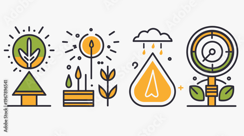 Four simple stylized eco-related icons with line work and a green/yellow color palette