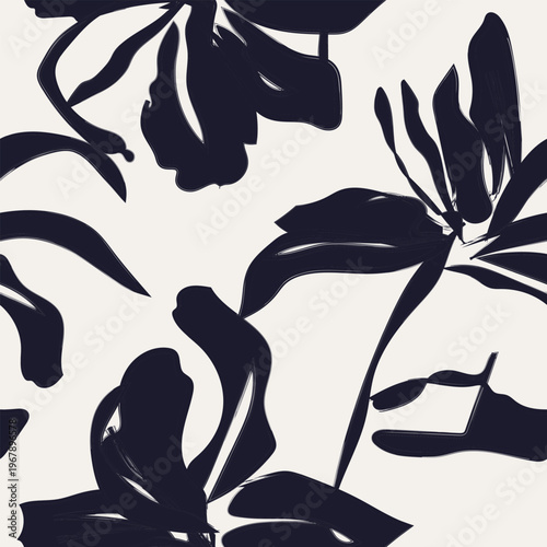 Navy And White Brushstroke Style Botanical Floral Fashion Textile Design