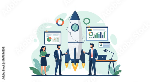 Business people launching a rocket representing startup growth and success.