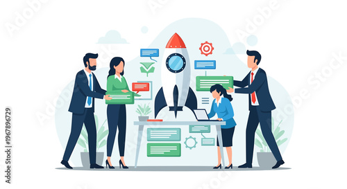 Business team launching rocket with charts and graphs.