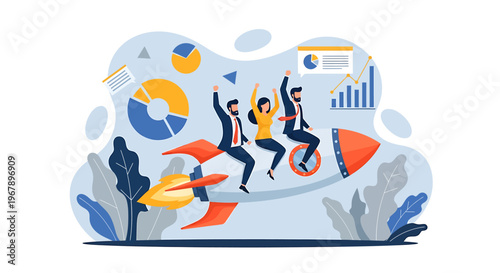 Team Launching Rocket Ship with Charts and Graphs.