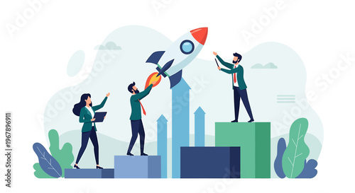 Team launching rocket symbolizing business growth and success.