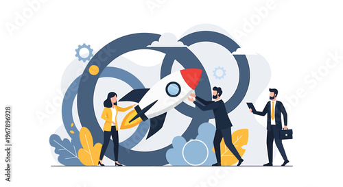 Team launching rocket symbolizing business startup success and growth.