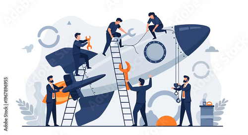 Team of people working together to build a rocket ship for space exploration.