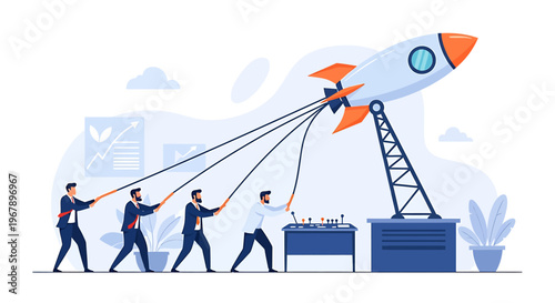 Team pulling rocket launchpad with ropes for successful liftoff.