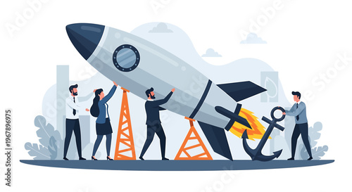 Team working together to launch a rocket ship.