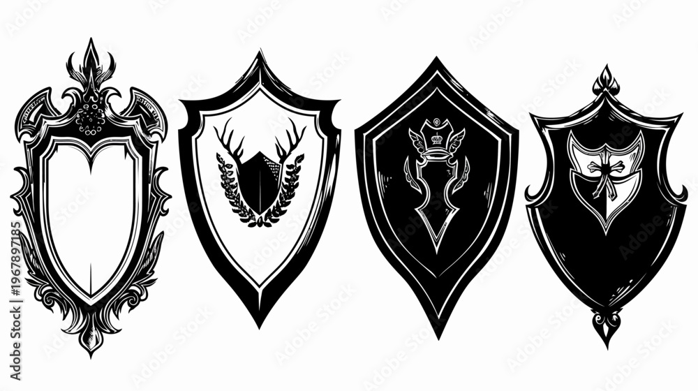 Obraz premium Four heraldic shields with varying designs, sketched in black and white