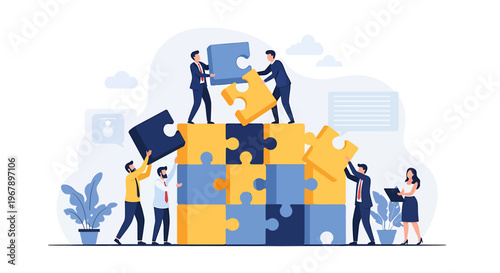 Teamwork assembling a large puzzle together on white background.