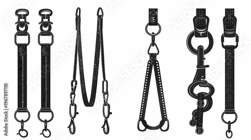 Black and white image featuring a collection of various straps with metal rings and fasteners