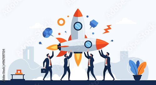 Teamwork launching a rocket symbolizing business startup success.