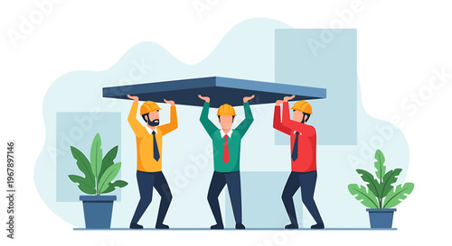 Three construction workers collaborating to lift a heavy object.