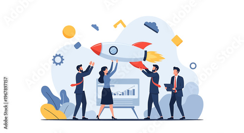 Teamwork Launching Rocket Business Growth Strategy.