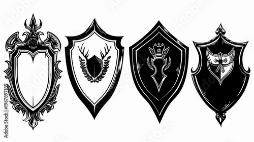 Four heraldic shields with varying designs, sketched in black and white