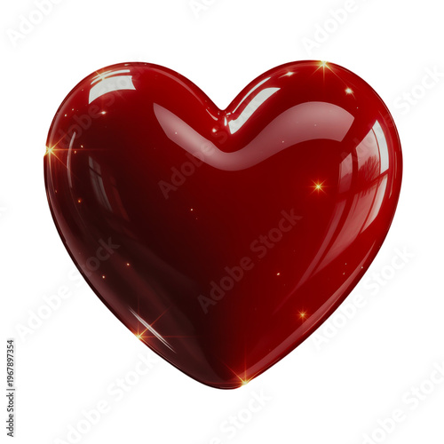 Close-up view of a glossy red heart-shaped object with reflections isolated on transparent background