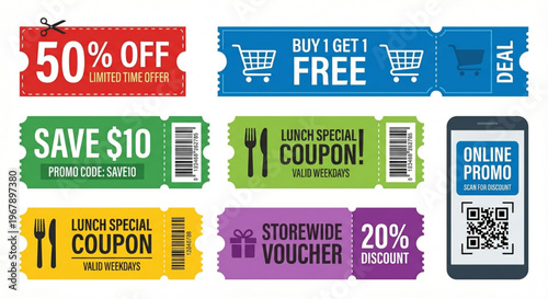 Variety of promotional discount coupons, special offer vouchers, and digital online marketing deals for maximizing retail savings